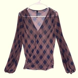 Yetts Los Angeles Womens Brown Black Argyle Sheer Mesh Wrap V-Neck Blouse Top